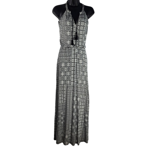 Womens Boho Geometric Maxi Halter Dress XS Festival Resortwear Black White Beach - Picture 7 of 13